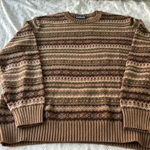 Vintage Lands End men’s cotton sweater, fair isle, browns/tan/green, size L